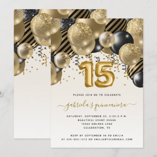 Invitación Quinceañera Arco de Globo Negro Oro