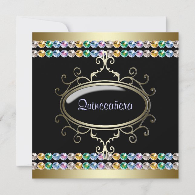 Invitación Quinceañera Arcoíris de Oro Negro (Anverso)