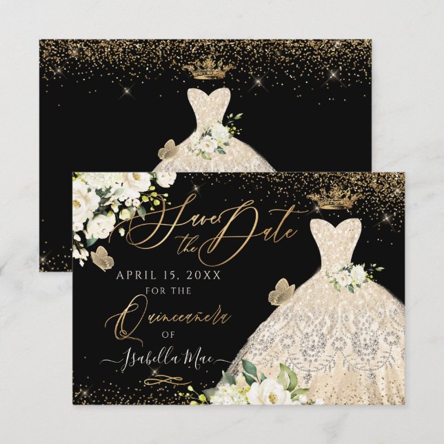 Invitación Quinceañera Avisa la Fecha de Gold Faux Brillo Ves (Anverso / Reverso)