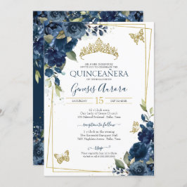 Invitación Quinceañera Azul acuarela Floral de oro