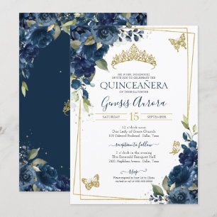 Invitación Quinceañera Azul acuarela Floral de oro