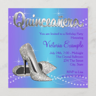 Invitación Quinceañera azul añil y púrpura