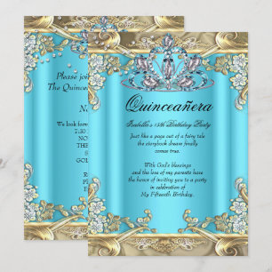 Invitación Quinceañera Azul Aqua Verde Teal Dorado Cumpleaños