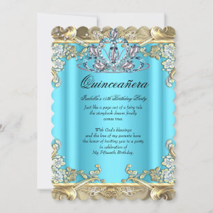 Invitación Quinceañera Azul Aqua Verde Teal Dorado Cumpleaños