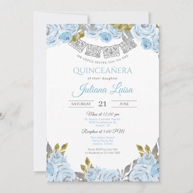 Invitación Quinceañera azul bebe, quinceañera mexicana azul c (Anverso)