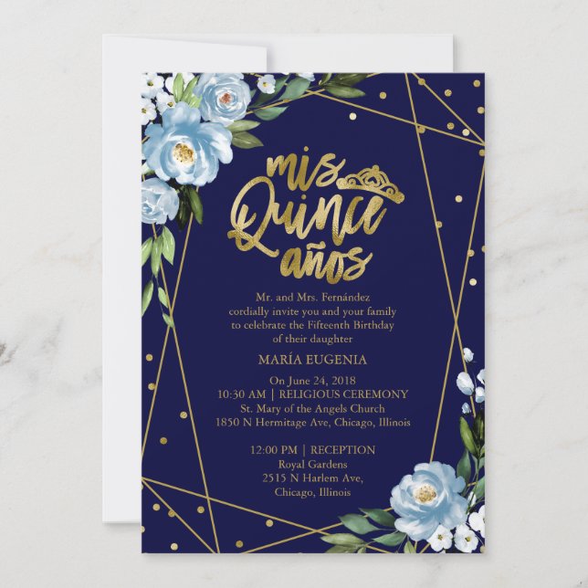 Invitación Quinceanera Azul bilingüe oscuro (Anverso)