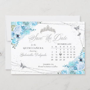 Invitación Quinceañera azul cielo y plata salvan la fecha