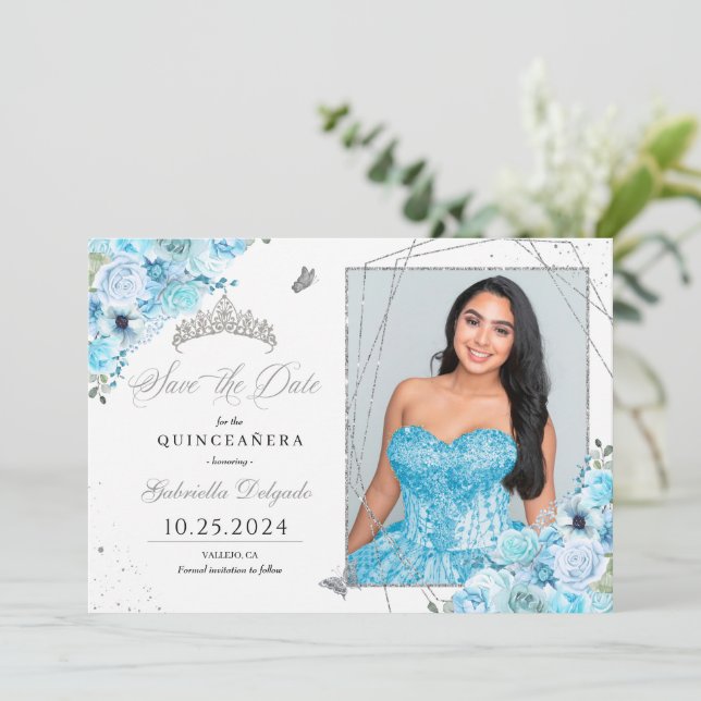 Invitación Quinceañera azul cielo y plata salvan la foto de l (Anverso de pie)