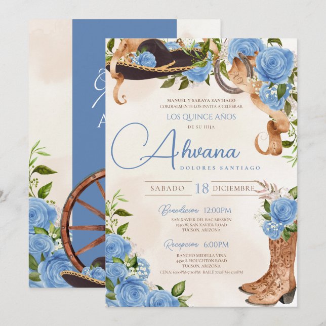 Invitación Quinceanera azul claro Carro vintage Rosa occident (Anverso / Reverso)