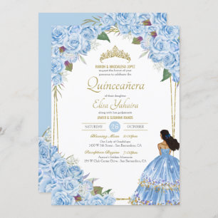 Invitación Quinceanera azul claro Elegante Vestido Rosa Flora