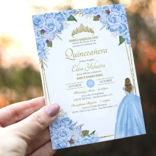 Invitación Quinceanera azul claro Elegante Vestido Rosa Flora