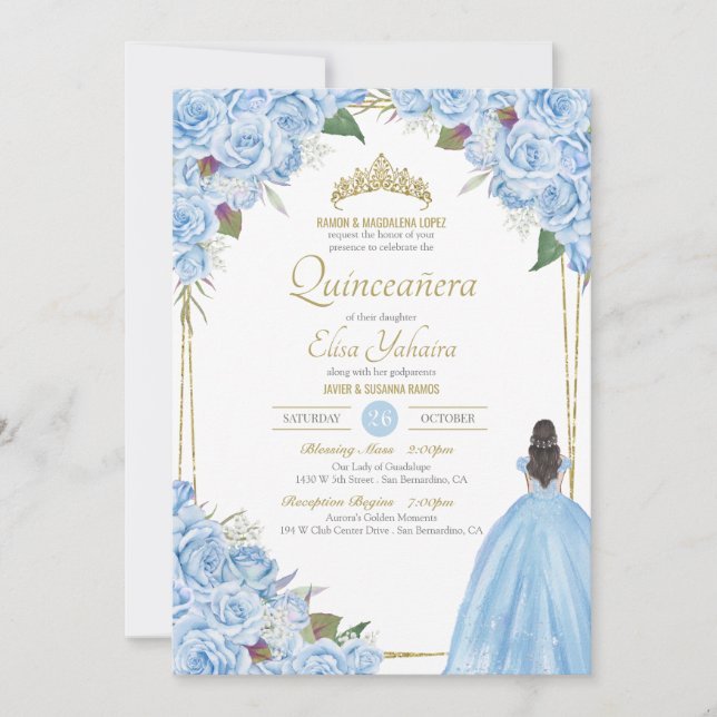 Invitación Quinceanera azul claro Elegante Vestido Rosa Flora (Anverso)