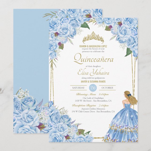 Invitación Quinceanera azul claro Rosa de vestir elegante Flo (Anverso / Reverso)