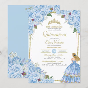 Invitación Quinceanera azul claro Rosa de vestir elegante Flo