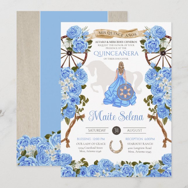 Invitación Quinceanera azul claro Rosa elegante Charra Occide (Anverso / Reverso)