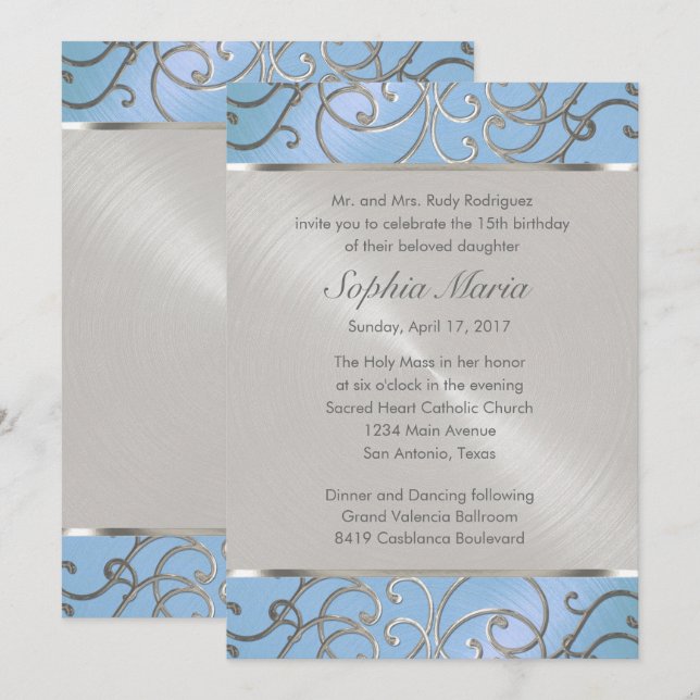Invitación Quinceanera Azul claro y plateado Filigrero Swirls (Anverso / Reverso)