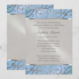 Invitación Quinceanera Azul claro y plateado Filigrero Swirls