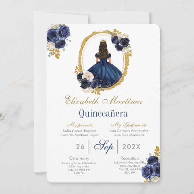 Invitación Quinceanera azul de la marina (Anverso)