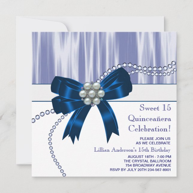 Invitación Quinceanera azul de la Marina de las Perlas (Anverso)