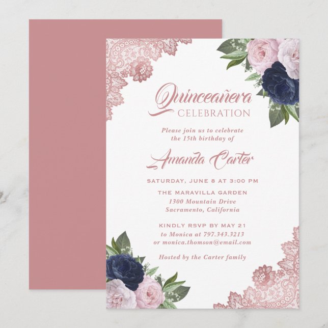 Invitación Quinceañera azul de la Marina de Oro Rosa 15º cump (Anverso / Reverso)