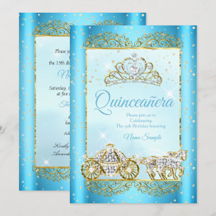 Invitación Quinceañera  Azul Dorado cuento de hadas Cenicient