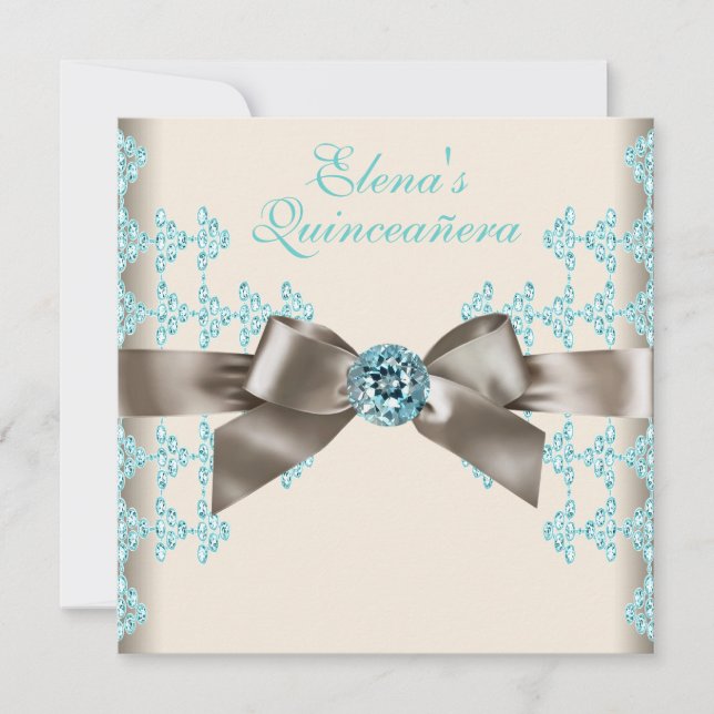 Invitación Quinceanera azul elegante y Verde azulada (Anverso)