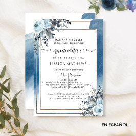 Invitación Quinceañera azul española con floral