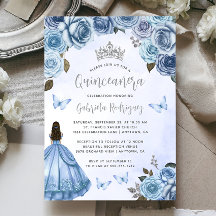 Quinceañera Azul Floral Acuarela Plateada