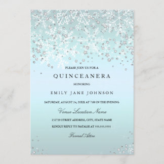 Invitación Quinceañera azul invierno mágico copos de nieve