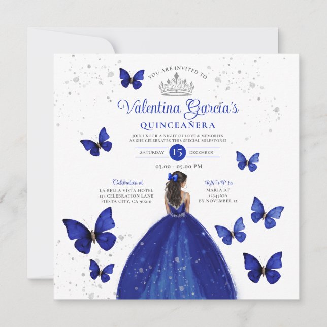 Invitación Quinceañera azul marino 15 Anos de plata mariposa (Anverso)