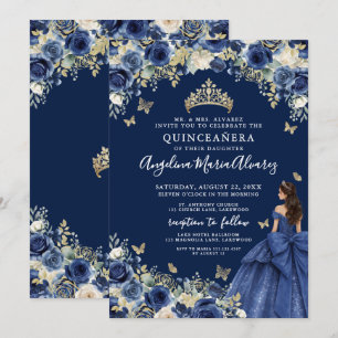 Invitación Quinceañera azul marino con flores doradas