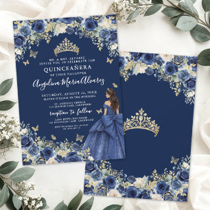 Invitación Quinceañera azul marino con flores doradas
