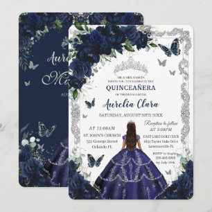 Invitación Quinceañera Azul Marino Floral Princesa Plata