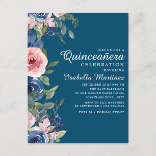 Invitación Quinceañera Azul Marino Flores Verdes Rosadas
