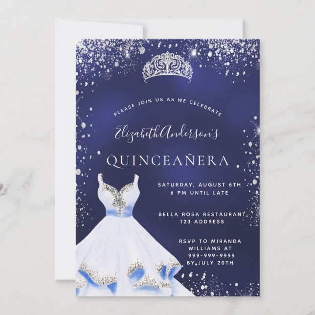 Invitación Quinceanera azul marino purpurina vestido tiara (Anverso)