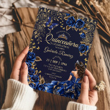 Quinceañera azul marino Rosas Tiara Dorada 