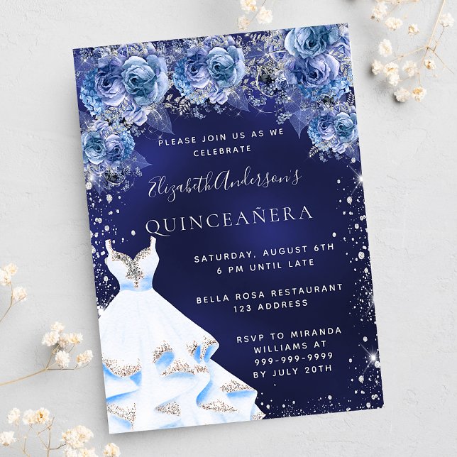 Invitación Quinceanera azul marino vestido floral glamoroso (Subido por el creador)
