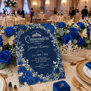 Invitación Quinceañera azul marino y azul real mariposa plate