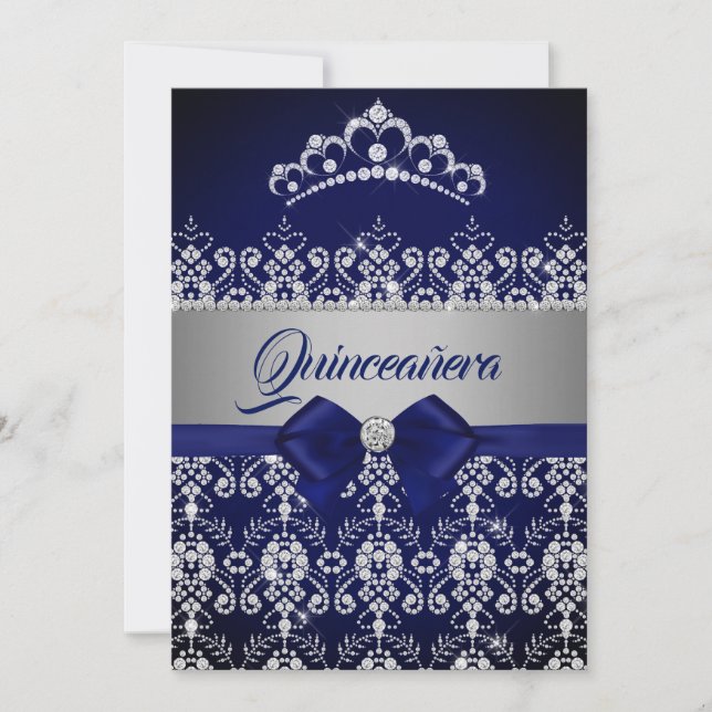 Invitación Quinceañera Azul Navy Brillo Diamante Tiara Lazo (Anverso)