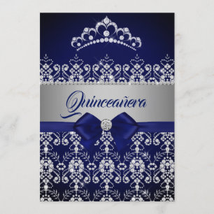 Invitación Quinceañera Azul Navy Brillo Diamante Tiara Lazo