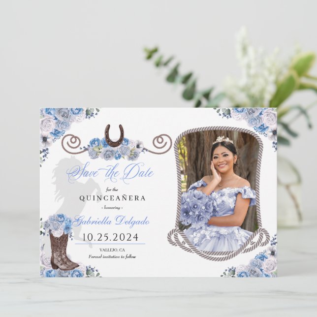 Invitación Quinceañera Azul Occidental Salva la foto de la fe (Anverso de pie)