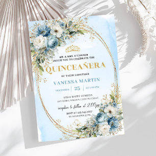 Invitación Quinceañera Azul Pastel Dorado Atemporal Eucalipto