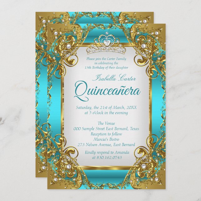 Invitación Quinceanera Azul Perla Dorada Verde azulada Tiara  (Anverso / Reverso)