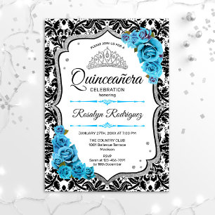 Invitación Quinceanera - Azul plateado Damask