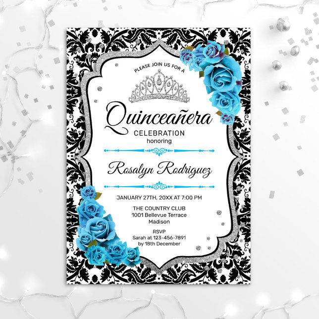Invitación Quinceanera - Azul plateado Damask (Subido por el creador)