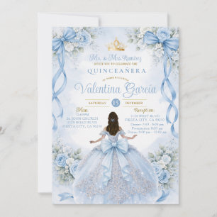 Invitación Quinceañera azul polvoriento con lazo