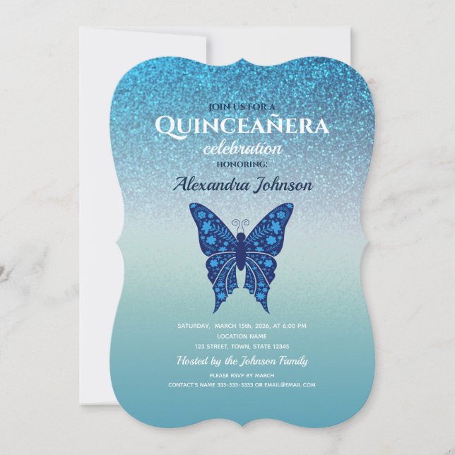 Invitación Quinceanera azul purpurina (Anverso)