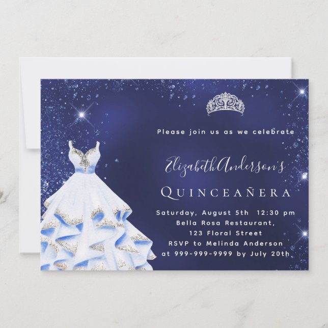 Invitación Quinceanera azul purpurina vestido tiara (Anverso)