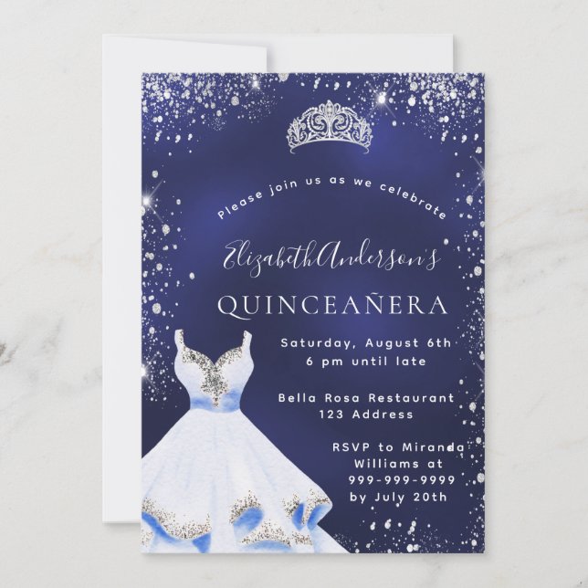 Invitación Quinceanera azul purpurina vestido tiara (Anverso)