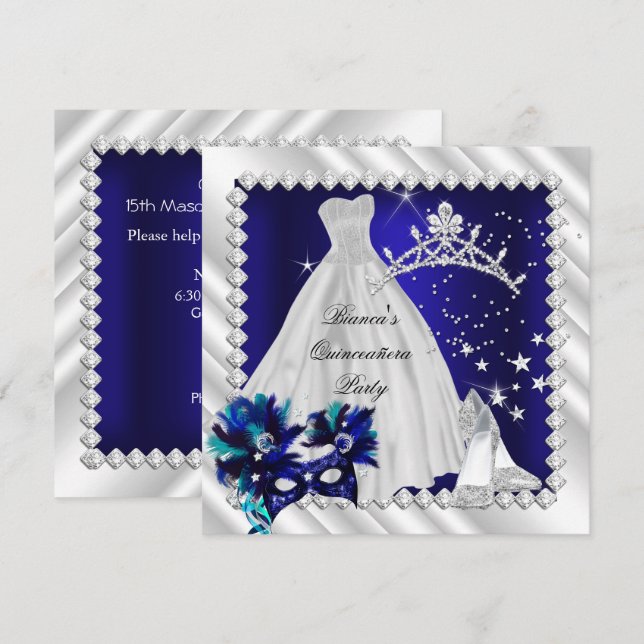 Invitación Quinceañera azul real 15.ª Fiesta de Mascaradas (Anverso / Reverso)